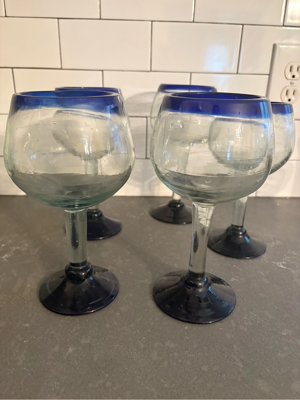 Hand-Blown Mexican Cobalt Blue Rim Wine Glasses Goblets - Set of 5